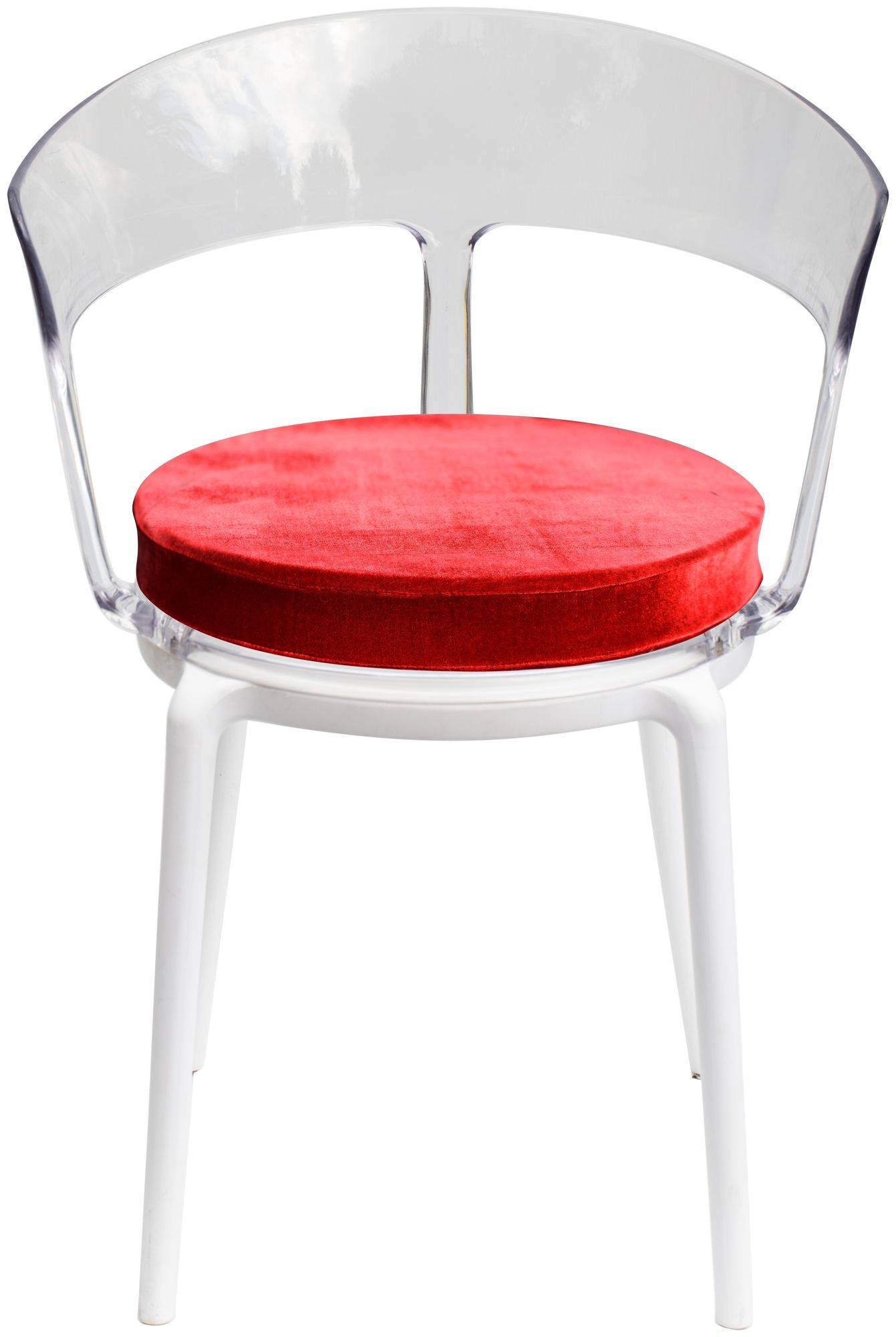 Аренда стул РУФФО прозрачный с красной бархатной подушкой | Go Rent